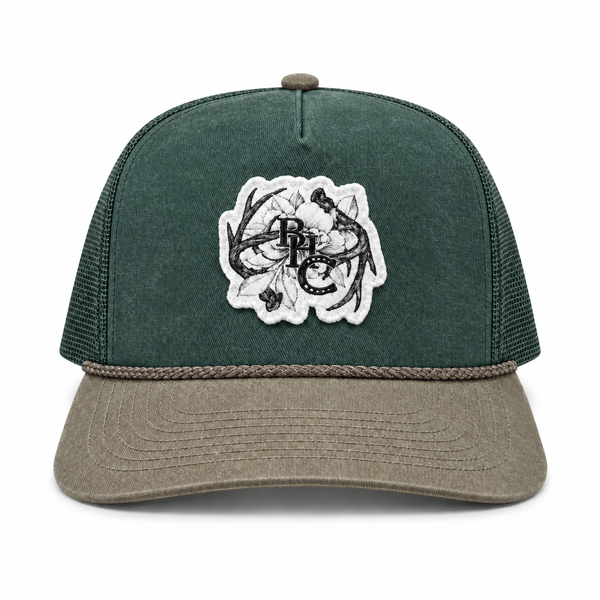 Floral Antler Trucker in Forest & Khaki, front view